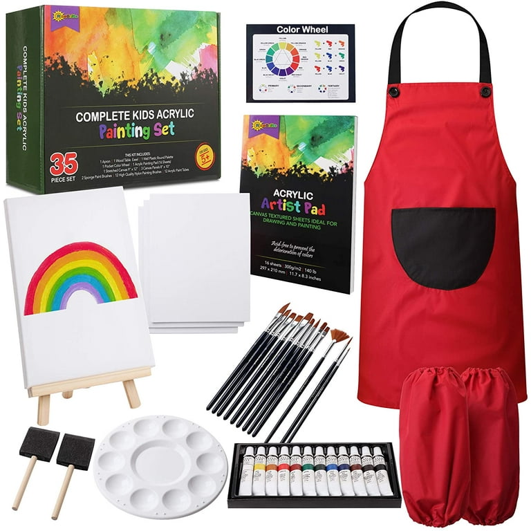 RISEBRITE Kids Art Set 35 Pcs Acrylic Paint Set for Kids Includes Non Toxic Paint Tabletop Easel Paint Brushes Canvas Painting Pad and More Art