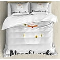 thumbnail image 1 of Japanese Cat Duvet Cover Set King Size, Maneki Neko Typography White Cat Prospering, Decorative 3 Piece Bedding Set with 2 Pillow Shams, White Coconut Coral and Charcoal Grey, by Ambesonne, 1 of 3