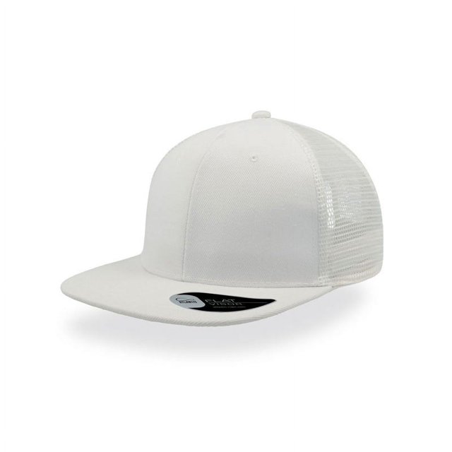 Atlantis - Gorra de 6 paneles visera plana con malla y regulable estilo trucker (Blanco/Blanco)