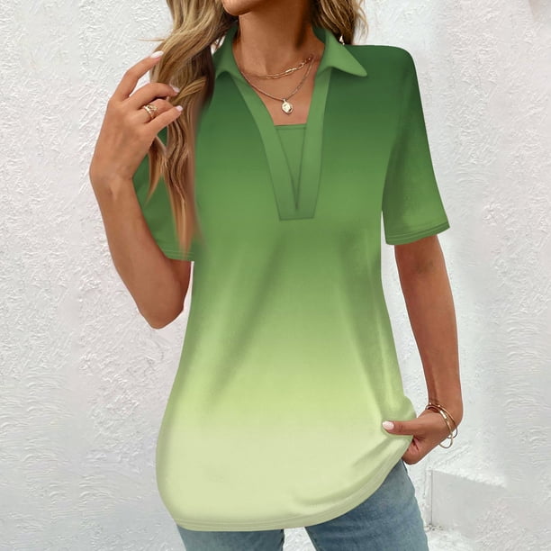 Fiudx Ropa de Mujer Blusas con Estampado Degradado para Mujer, Camiseta de Manga Corta, Top con Cuello Vuelto