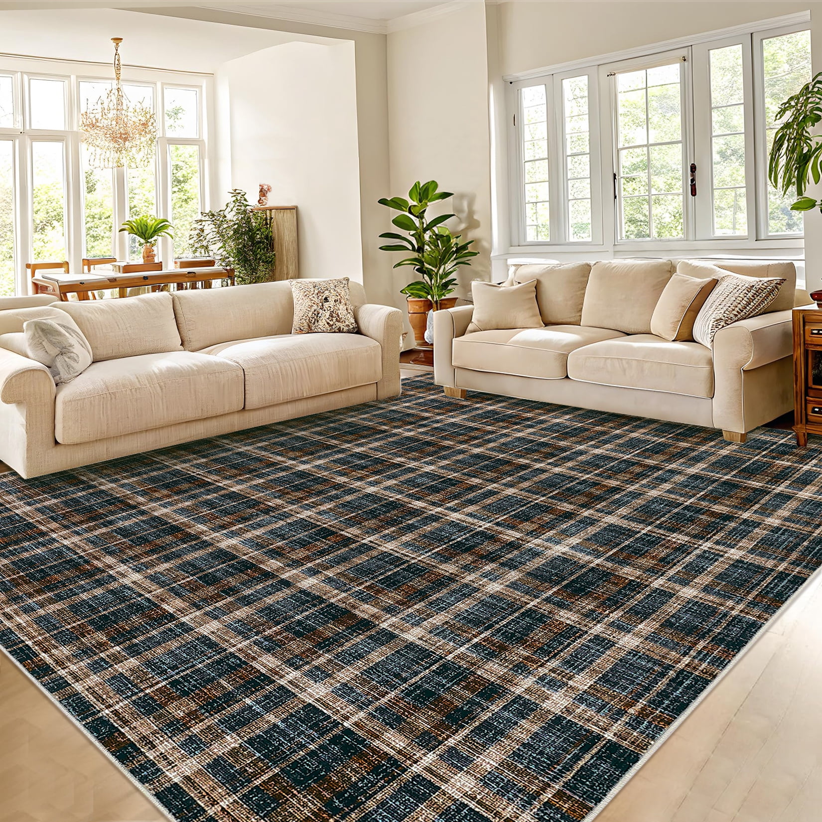 FairOnly 8'x10'Modern Geometric Plaid Non Slip Area Rug British Style Machine Washable Soft Non Shedding Rug for Living Room Bedroom,Black Brown