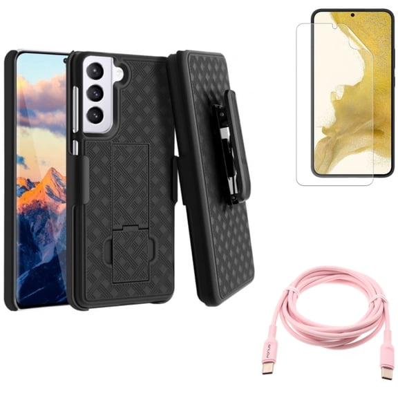 For Samsung Galaxy S21 (6.2") - Anti-Glare TPU Film Matte Screen Protector   PD Fast Charger USB-C to Type-C Pink 6ft Long Cable   Swivel Holster Case Belt Clip