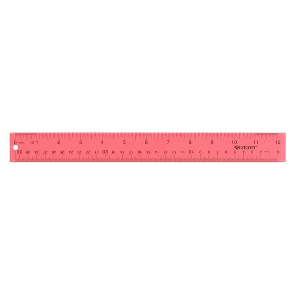 Westcott Acrylic Ruler, 12", Transparent, Imperial, 2.2 lb., High School, Pink, Not Bulk, 1-Count