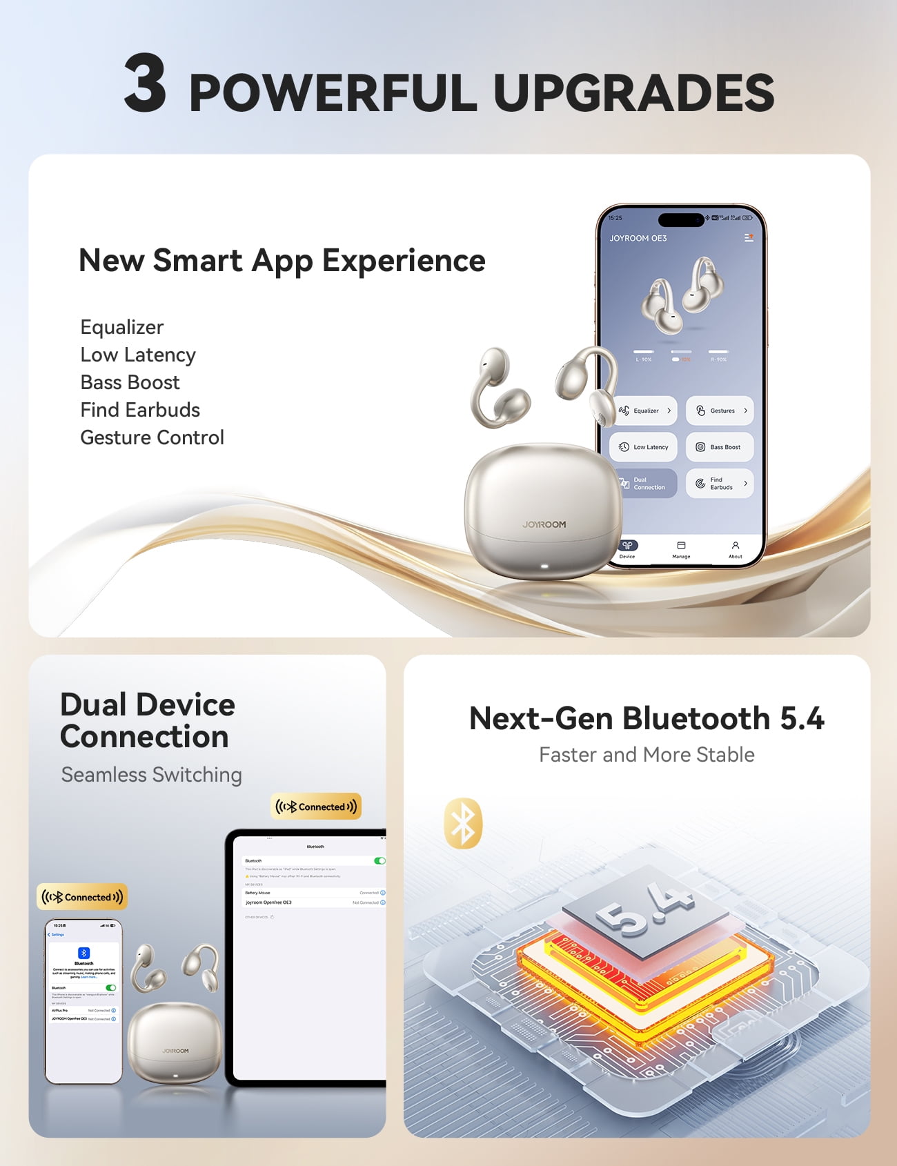 JOYROOM OE3 Open Ear Wireless Earbuds, Ultra-Lightweight Comfortable Clip-on Earbuds, Bluetooth 5.4 Headphones with Full Surface Touch Control, Bass Sound, IPX4 Waterproof Fit for Workout and Daily
