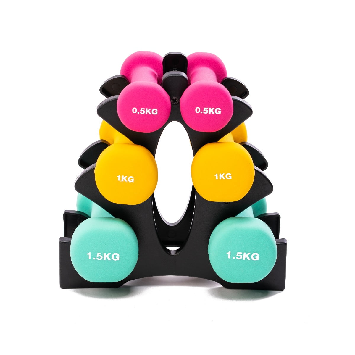 set of three dumbbells