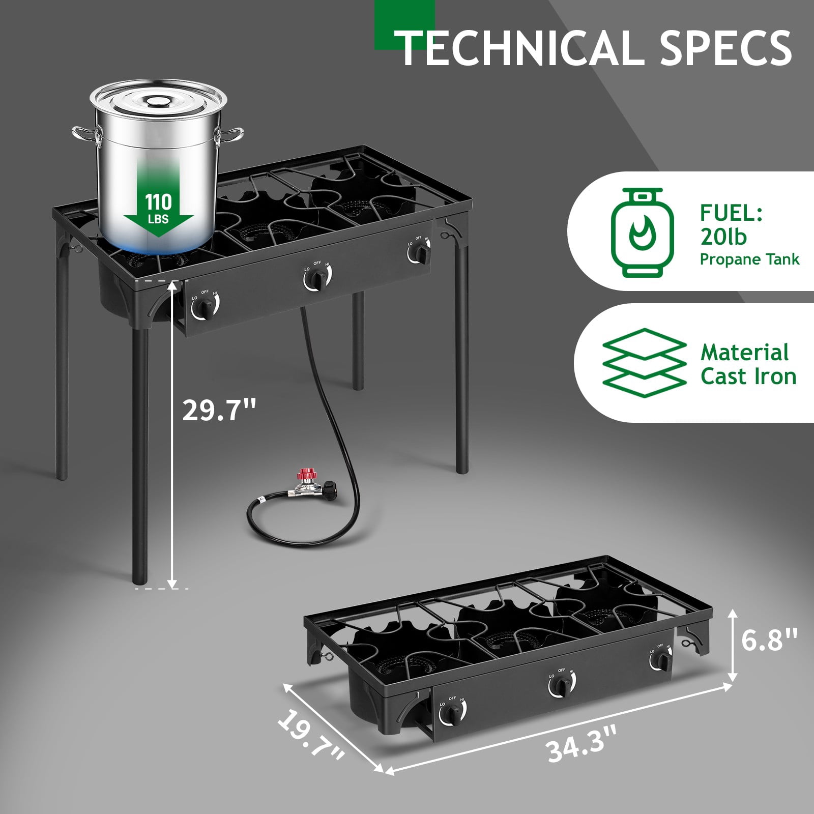 ZYPPP Portable Propane 225,000-BTU 3 Burner Gas Camping Picnic Stove BBQ Grill