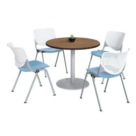 KFI Studios Mode Round 3 Dining Table Set River Cherry 4 White & Sky Blue KOOL Chairs