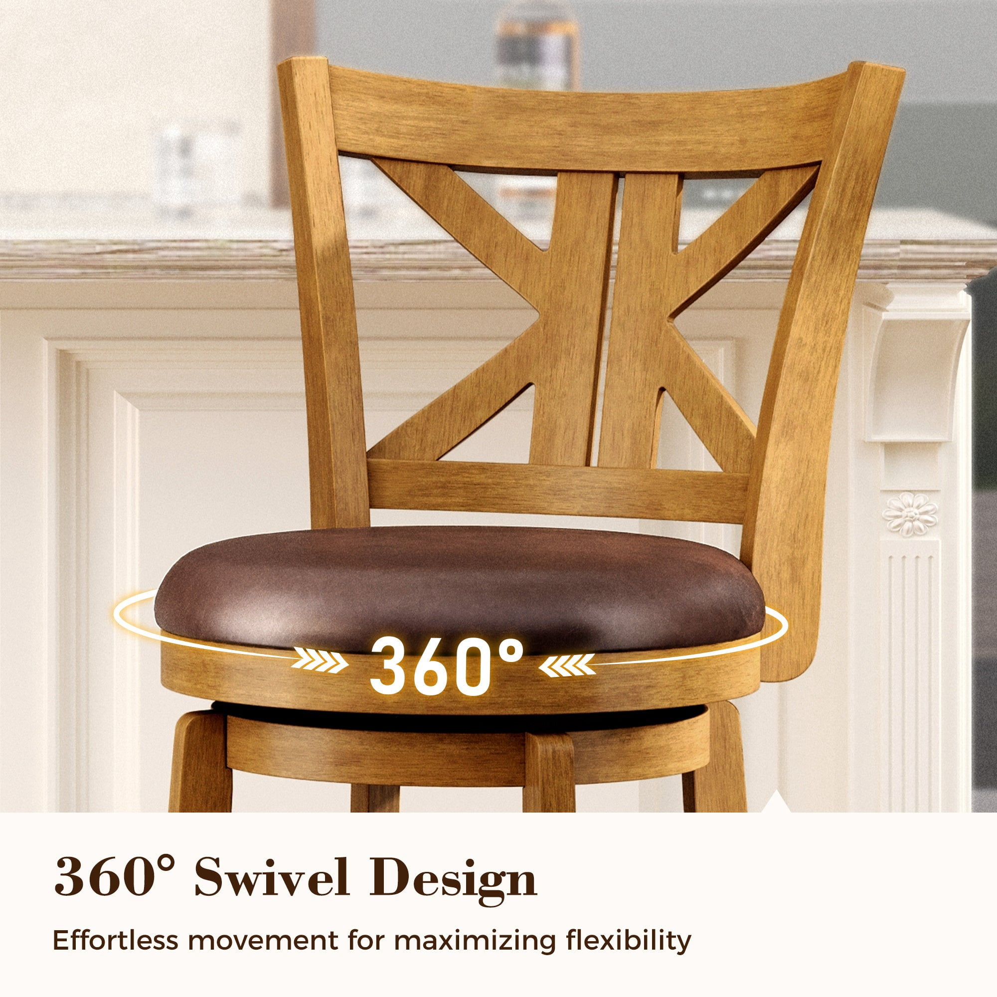 MF Studio 30" Bar Stool with Back Set of 6, Wood Swivel Bar Height Stool with K-Shaped Back & Extra Large Seat for Kitchen, Pub, Teak Color
