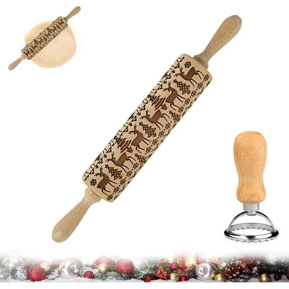 Christmas Embossed Rolling Pin & Cookie Stamps Set with Elk Deer Pattern, 3D Engraved Wooden Rolling Pin for Baking Cookies, Pastries, Waffles, Perfect for Parent-Child Holiday Decorating
