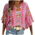 thumbnail image 1 of CEHVOM Femmes Décontracté Bohème Ample Imprimé Manches Courtes Col en V Chandail Blouse Hauts, 1 of 8