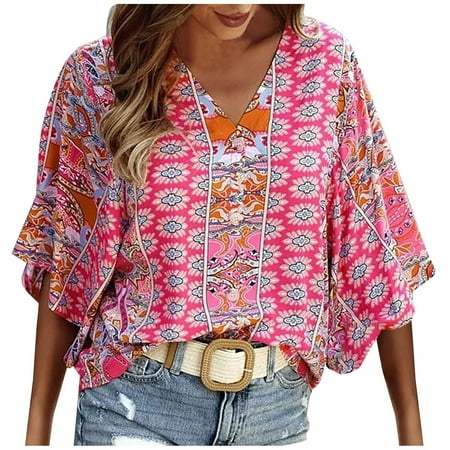 

Womens V Neck 3/4 Sleeve Tops Bohemian Printed Mexican Peasant Blouses Loose Casual Bell Sleeve Button Down Shirts