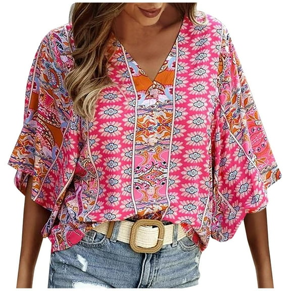 Boho Tops for Women Loose Fit Casual Bohemian Printed Loose Short Sleeve V-neck Pullover Blouse Floral Shirt