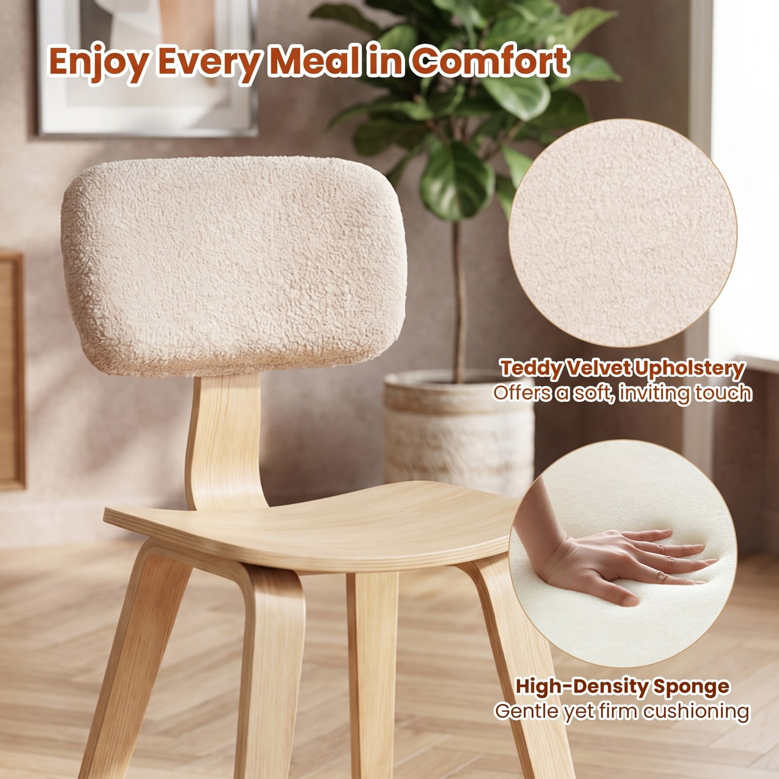 Furnibear Set of 2 Rubber Wood Dining Chairs with Teddy Velvet Padded Backrest, Upholstered Kitchen Side Chairs with Curved Back and Contoured Seat for Home, Natural