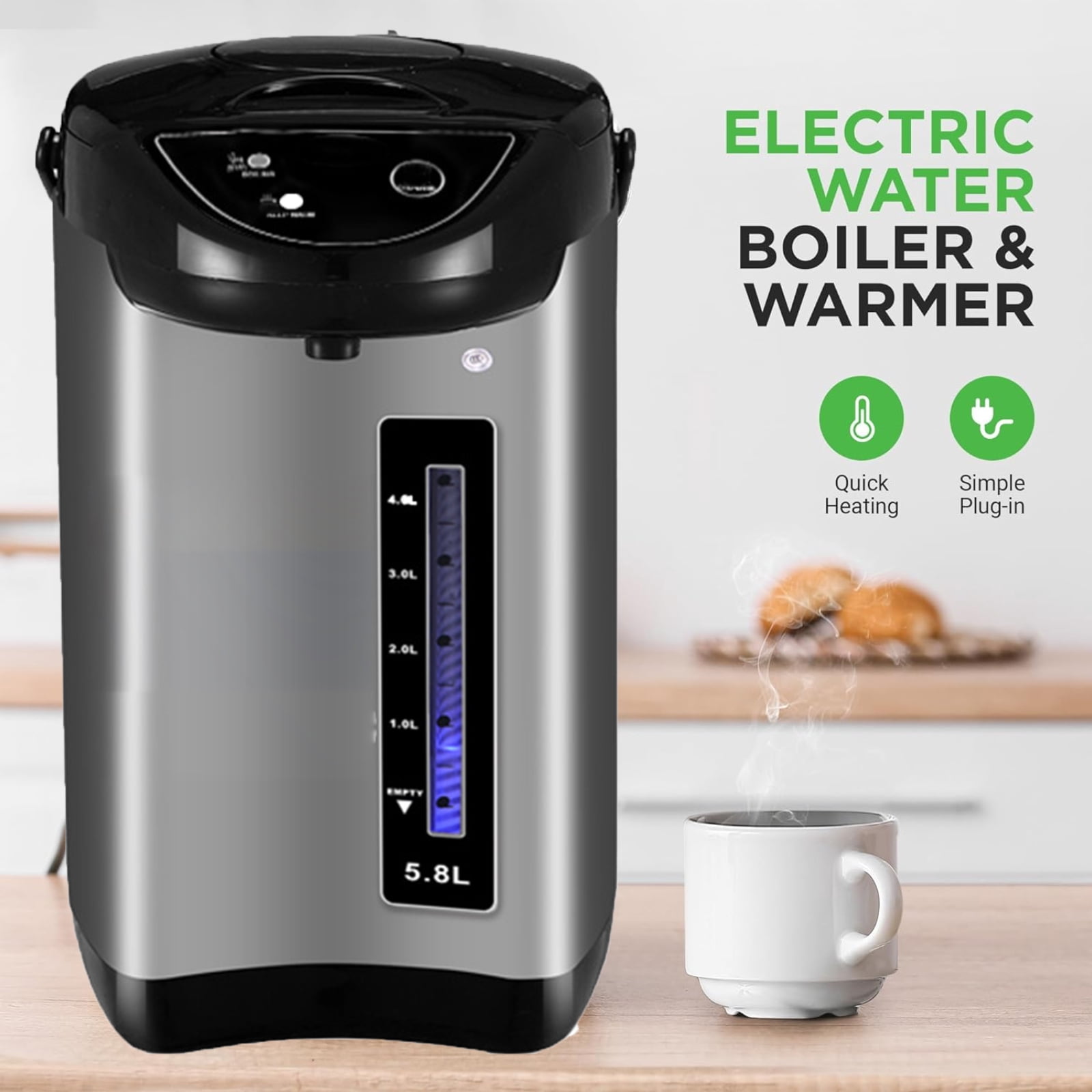 Water Boiler and Warmer, 5.8L Stainless Steel Electric Hot Water Pot with 3 Modes, Electric Hot Pot Kettle Hot Water Dispenser, Electric Thermos for Coffee & Tea, Black
