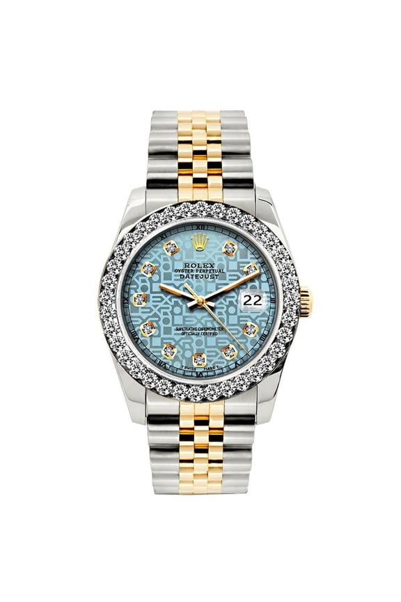 Pre-Owned Rolex Datejust 26MM 6917 Ice Blue Pattern Diamond Dial Diamond Bezel Two Tone Yellow Gold Jubilee Bracelet 1.2ct