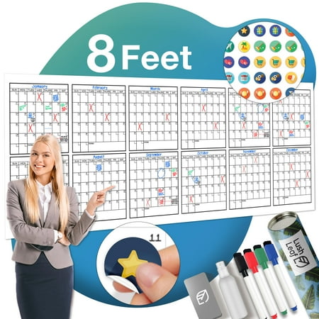 Large Dry Erase Calendar for Wall, 36" x 96" - Undated, Yearly, Reusable - Full 12 Month Year - Includes Markers, Eraser & Accessories