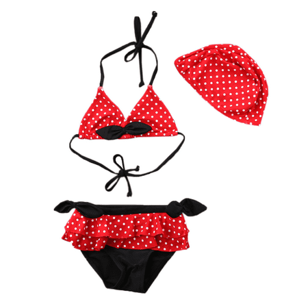 StylesILove Baby Toddler Girls Lovely Tie Bikini Swimsuit and Hat 3pcs Set Beach Bathing Suit Swimwear (Polka Dots Red, 2-3