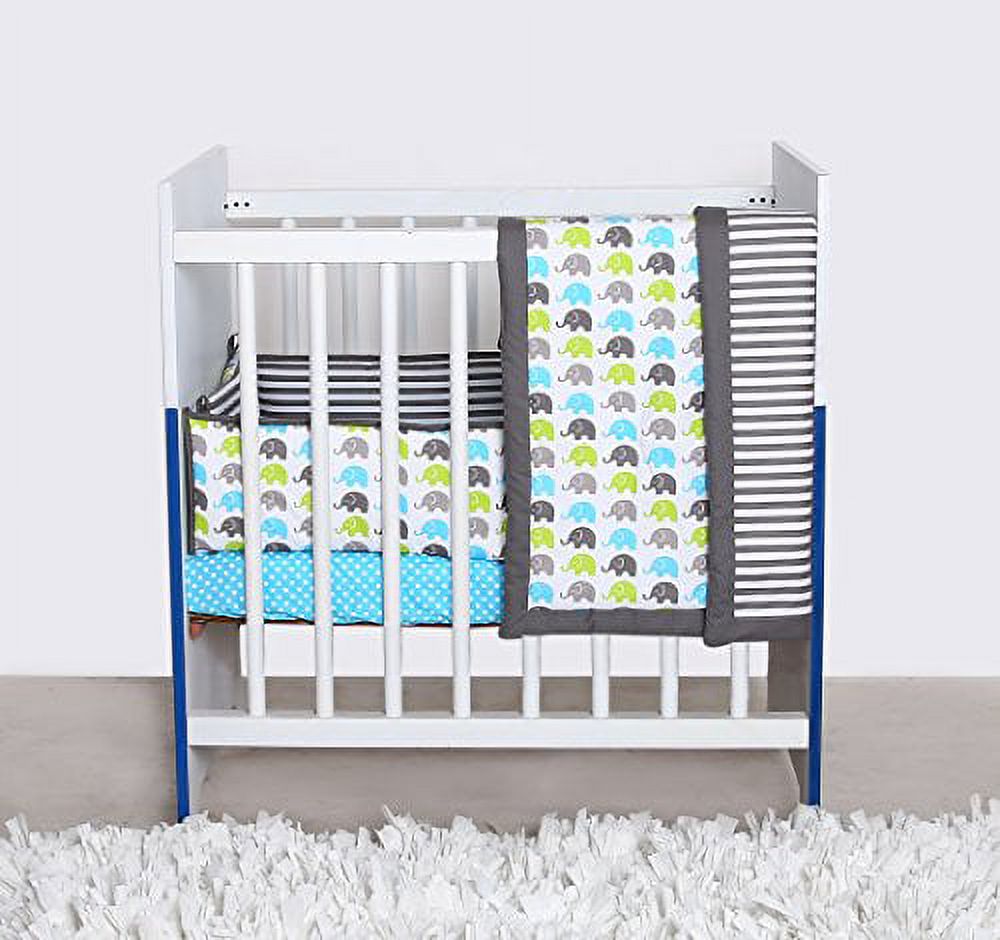 Bacati Elephants Portable 3-Piece Crib Bedding Set, Aqua/Lime/Grey