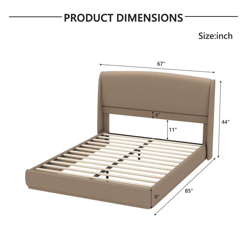 Queen Size Linen Upholstered Bed Frame with Padded High Headboard, Low-Profile Platform Bed with No Box Spring Needed