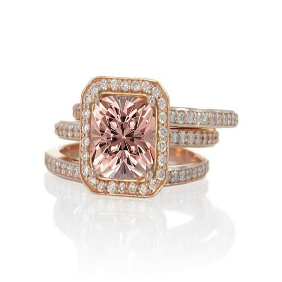 2.25 Carat Perfect Princess cut Morganite and Diamond Trio Halo Wedding Ring Set on 10k White Gold