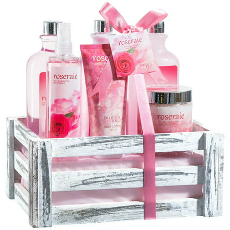 Pink Rose Bath and Body Home Spa Gift Set for Women, A Complete Aromatherapy and Skincare Pack for Relaxation in a Vintage Wood Crate, A Romantic Gift Idea for Her on Valentine's Day Under 30