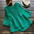 thumbnail image 2 of Timegard Hauts pour Femmes Été Coton Lin Col Rond Manches Mi-Longues Blouse Brodée T-Shirts Décontractés Amples, 2 of 7