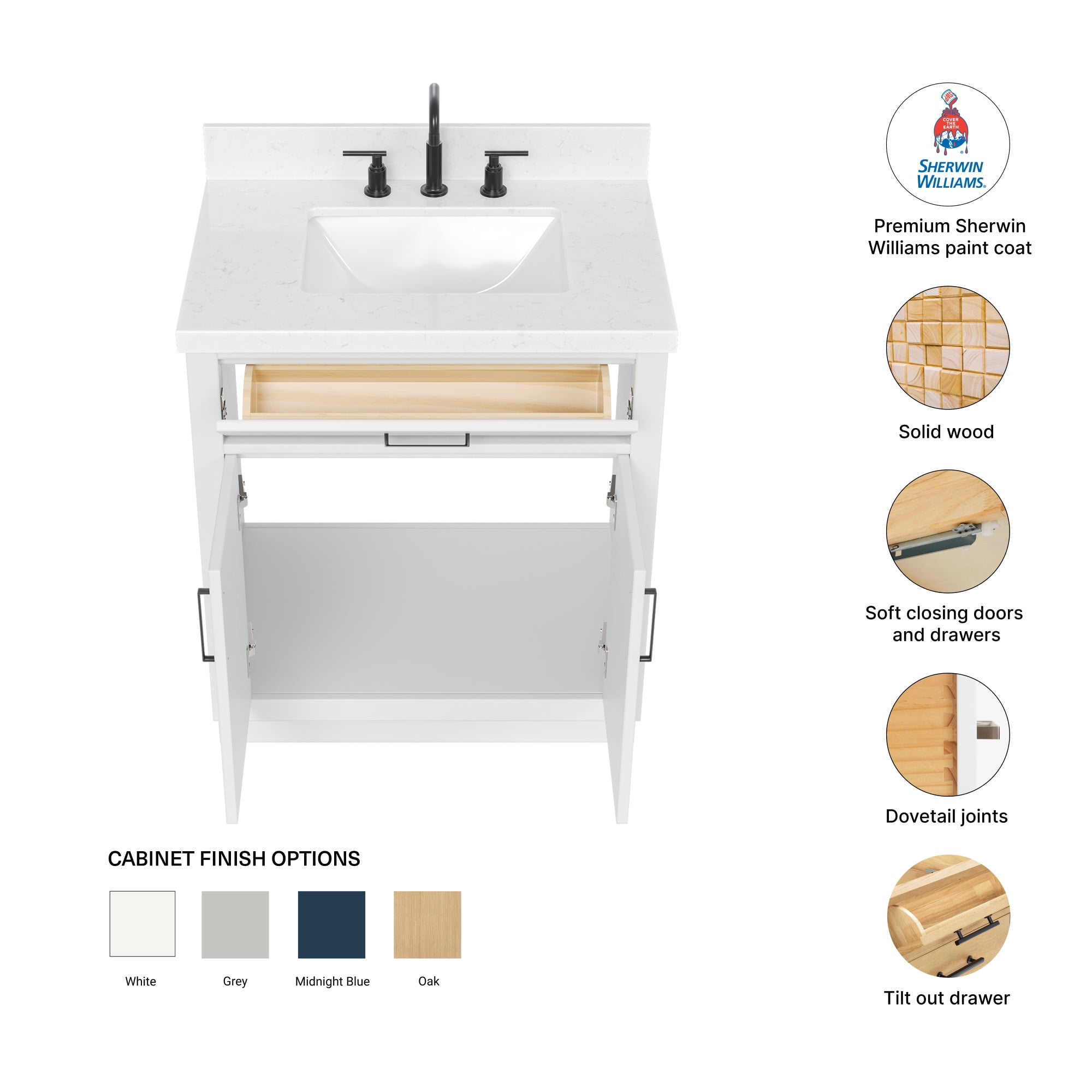 Ariel Hepburn 30 In. Rectangle Sink Bathroom Vanity With Carrara White Quartz Countertop 1.5 Edge In White