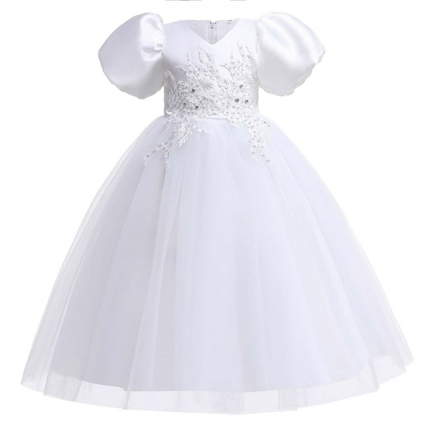 Vestido infantil Umfun de manga corta para niña, vestido de princesa con cola de flores, vestido formal de noche para baile, vestido de fiesta de cumpleaños elegante con mangas abullonadas, blanco,
