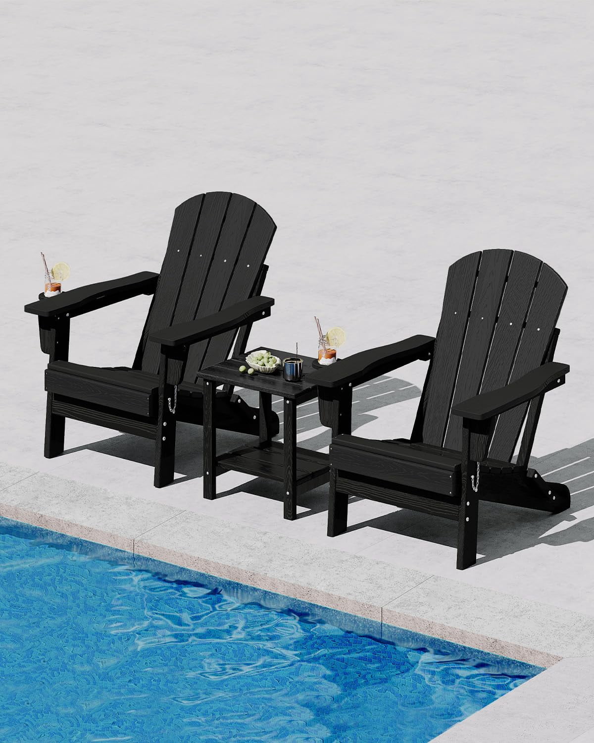 Folding Adirondack Patio Chair, All-Weather HDPE Outdoor Chair with Wooden Texture and Cup Holder, Weather Resistant, Lawn Chair for Garden, Deck, Fire Pit, Navy Blue