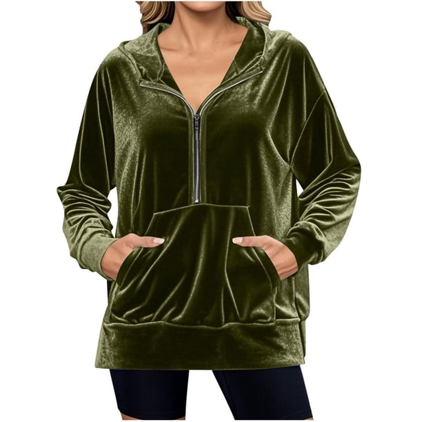 Sudadera con Capucha y Media Cremallera de Terciopelo para Mujer, Estilo Informal, Larga, con Bolsillos Verde L