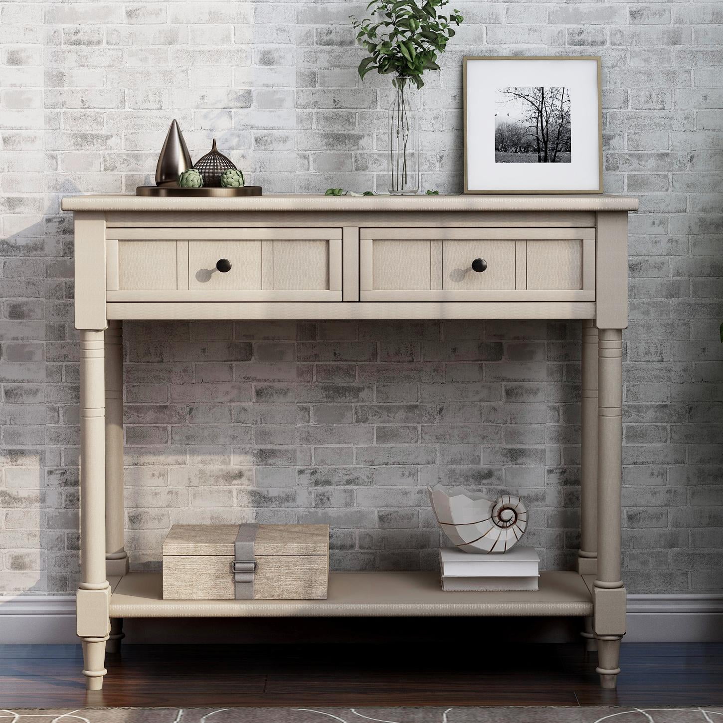 Wooden Console Table with 2 Drawers and Storage Shelf, Sofa Table Entryway Table Side Desk TV Stand for Living Room Hallway,Antique Gray