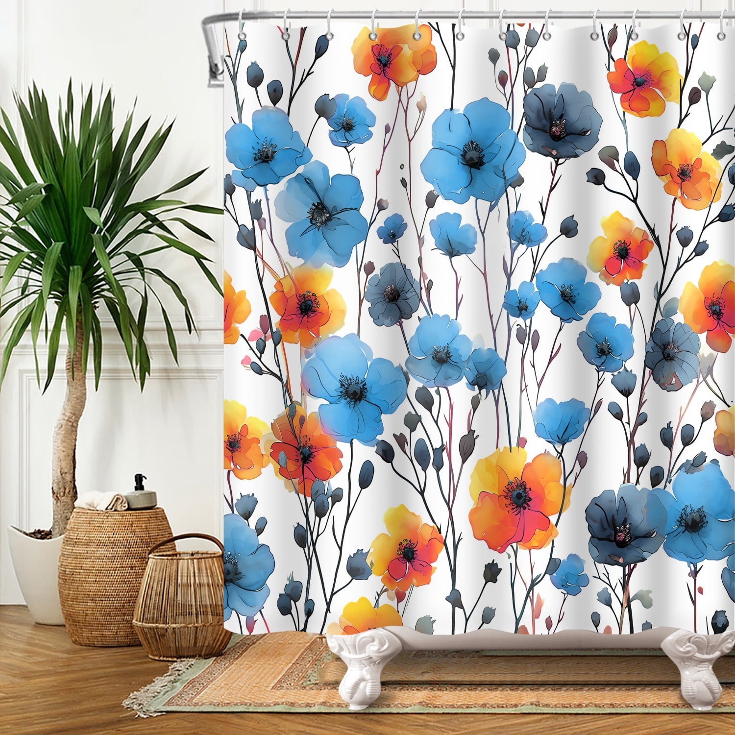 MIZHONA Boho Floral Shower Curtain for Bathroom Waterproof Abstract Aesthetic Decorative Blue 47"X64"