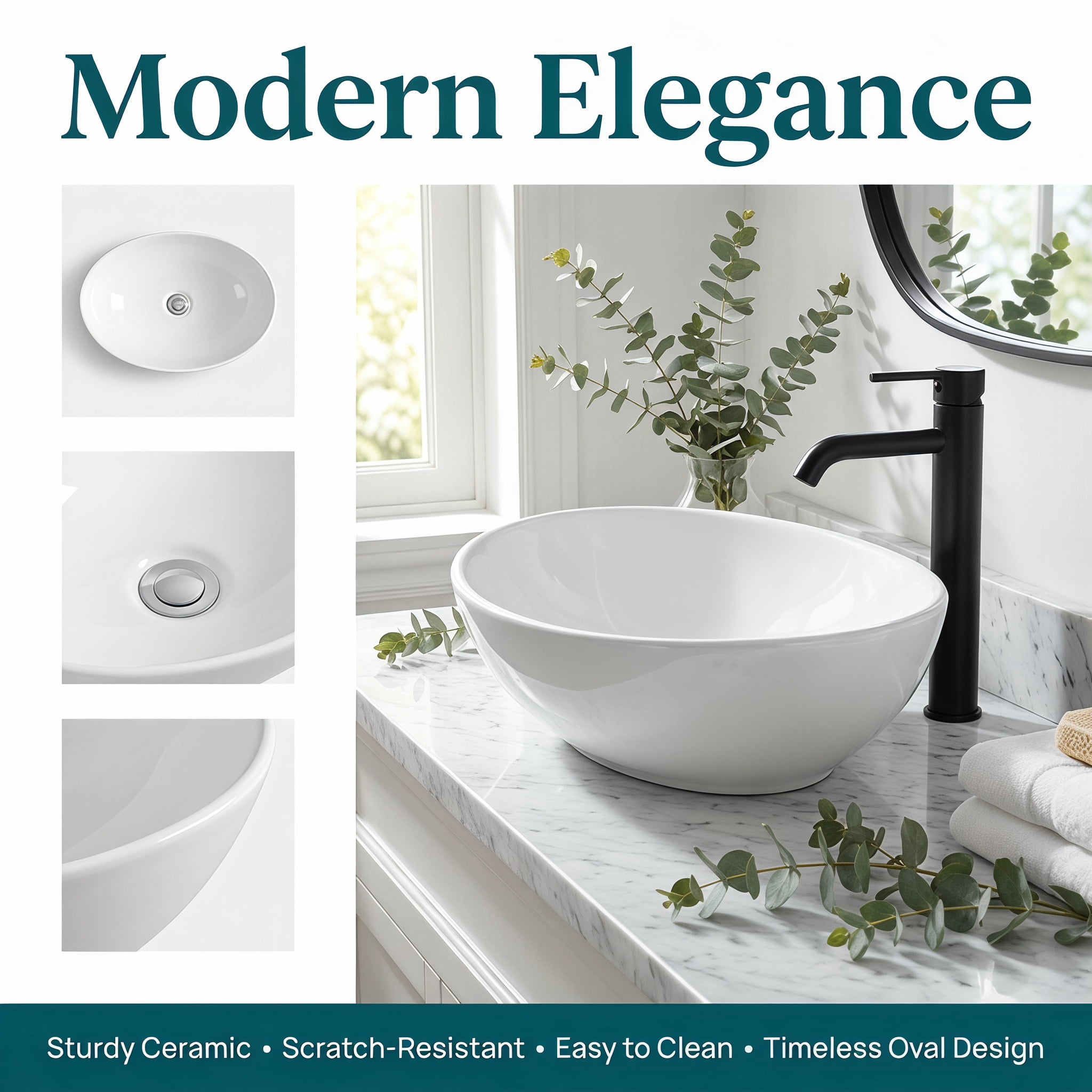 Kadyn 16Inch White Ceramic Oval Bathroom Sink with Pop-Up Drain Design, Countertop Vessel Wash Basin for Bathroom, Home Office, White