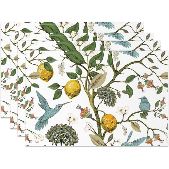 Lemon Tree Blue Bird Flower Placemats Set of 4 Seasonal Washable Linen Cotton Table Mats for Party Kitchen Dining Decoration 12x18 Inch