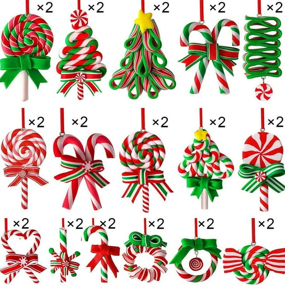 Pekkaxy 16 PCS Candy Cane Ornaments for Christmas Tree, Polymer Clay Candy Cane Christmas Decorations, Lollip-op Ornaments for Xmas Tree Party Hanging Decor Holiday Decorations