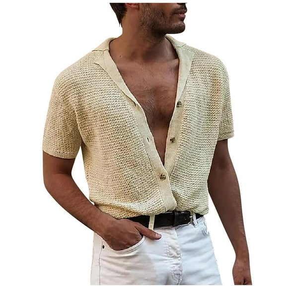 Knitted Shirts for Men Fashion Button Down V Neck Summer Short Sleeve Business Casual Beach Vacation Shirts