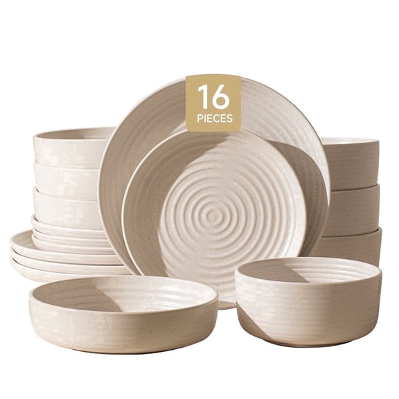 KINGSTONE 16-Piece Stoneware Plates and Bowls Sets for 4, Dinnerware Set for New Apartment Essentials, Microwave & Dishwasher Safe, Speckled White