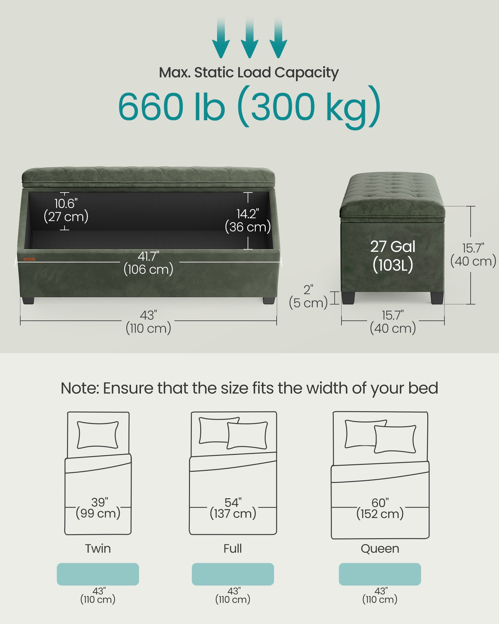 SONGMICS 43" Storage Ottoman Bench Foot Rest with Legs End of Bed Bench Storage Chest Load up to 660 lb for Living Room Bedroom Forest Green