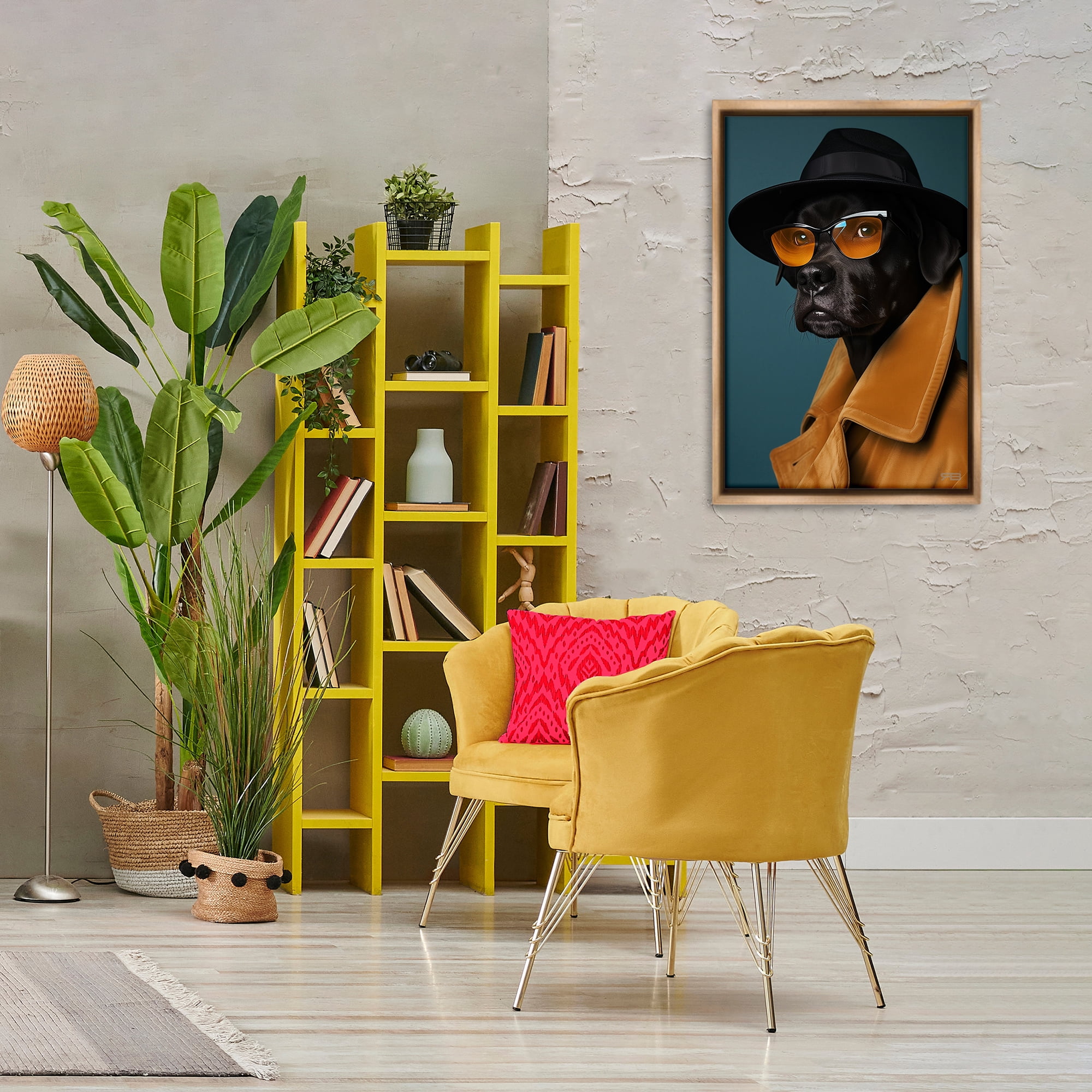 Stupell Industries Black Dog in Suit Animals & Insects Painting Brown Floater Framed Canvas Art Print Wall Art, 21 x 31