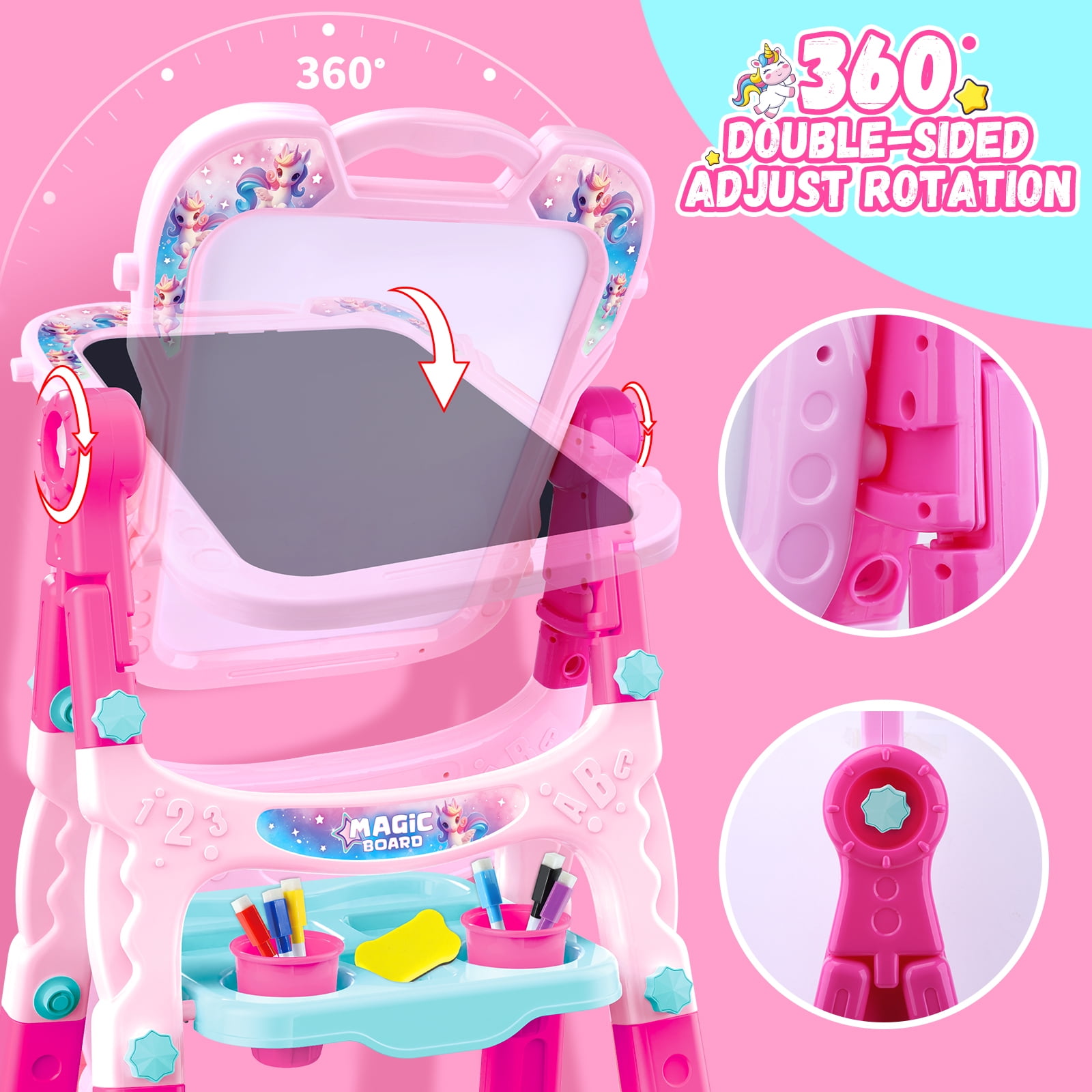 Art Easel for Kids - Adjustable Double-Sided Rotatable Magnetic White Board with Painting Accessories, Preschool Learning Toy for Girls 3-5 Years Old,Ideal Christmas Birthday Gift （Pink）