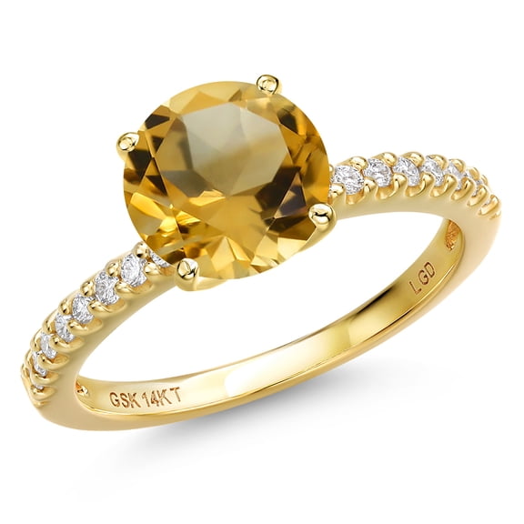 Gem Stone King 14K Yellow Gold Yellow Citrine and Lab Grown Diamond Engagement Ring for Women | 2.96 Cttw | Round 9MM | Gemstone November Birthstone | Size 6
