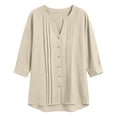 thumbnail image 4 of 3/4 Length Sleeve Womens Tops Cotton Linen V Neck Button Up Pleated Relaxed Fit Dressy Casual Office Work T Shirts, 4 of 4