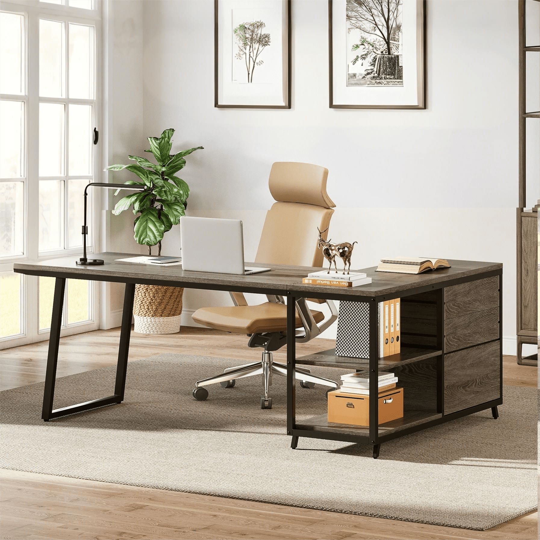 Fnova 53.15" L-shaped Computer Desk with 3 Drawers, Wood Tabletop, Metal Frame Office Desk, Gray