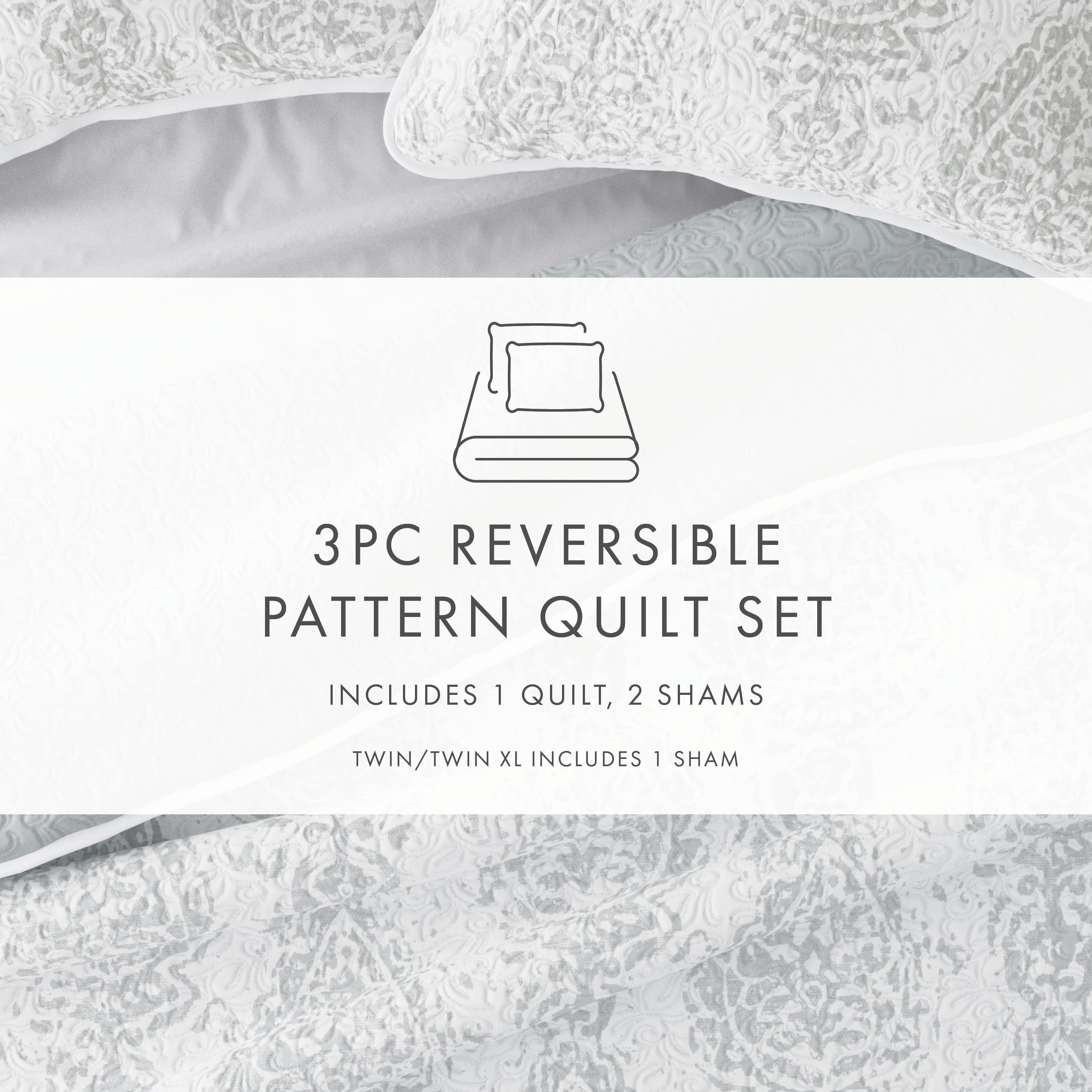 Noble Linens Light Gray 3 Piece Distressed Damask Reversible Print Quilt Set, King / CalKing