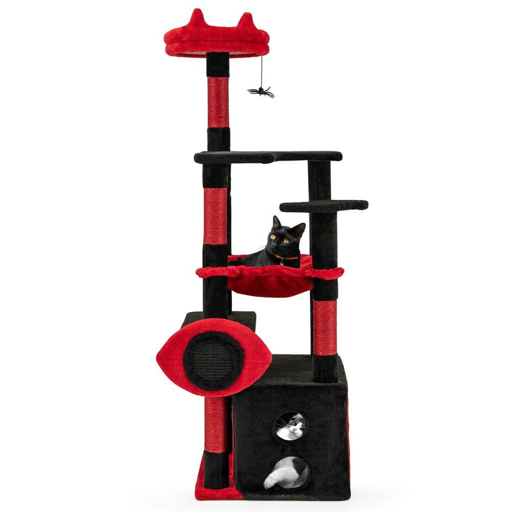 Resenkos Gothic Style Cat Tree with Plush Perch and Spider Toy, Black & Red