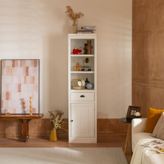 75'' Freestanding 5-tier Display Book Shelf 1 File Drawer Farmhouse Bookcase With Storage Cabinet Modern Wooden Organizer Pantry For Hallways Living Room Kitchen Home Office White