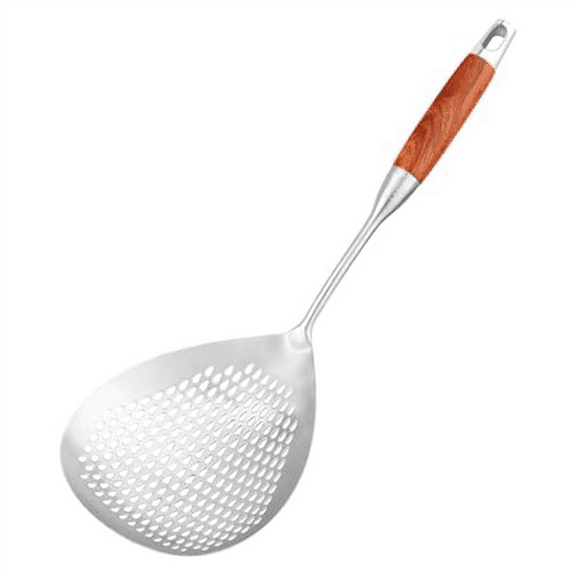 Large Skimmer Slotted Spoon - 304 Stainless Steel with Wooden Long Handle, 16 Inches Deep Fryer Scoop