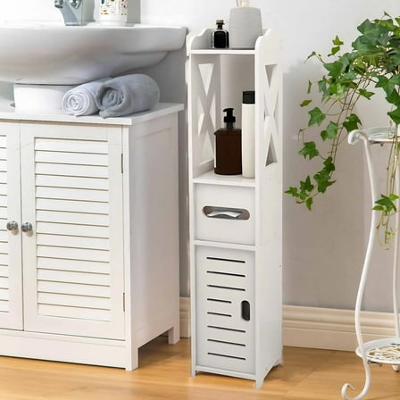 VeluraHome Toilet Paper Holder Stand，Small Bathroom Storage Cabinet for Toilet Paper Storage，White