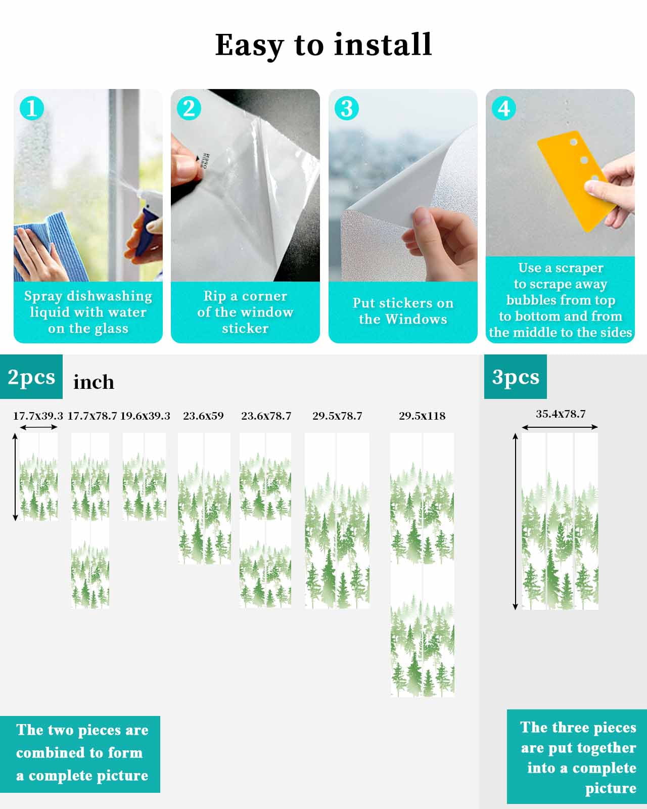 Window Privacy Film, Green Forest UV Sun Blocking Window Tint Film Heat Control One Way Blackout Window Film, Modern Abstract Silhouette Art Non Adhesive Static Cling Window Sticker 29.5x118 In