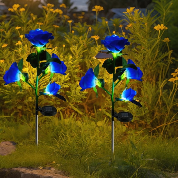 Luces solares con forma de rosa para decoración de jardín | Paquete de 2 luces solares exteriores con forma de flor y estacas para decorar caminos, patios y terrazas